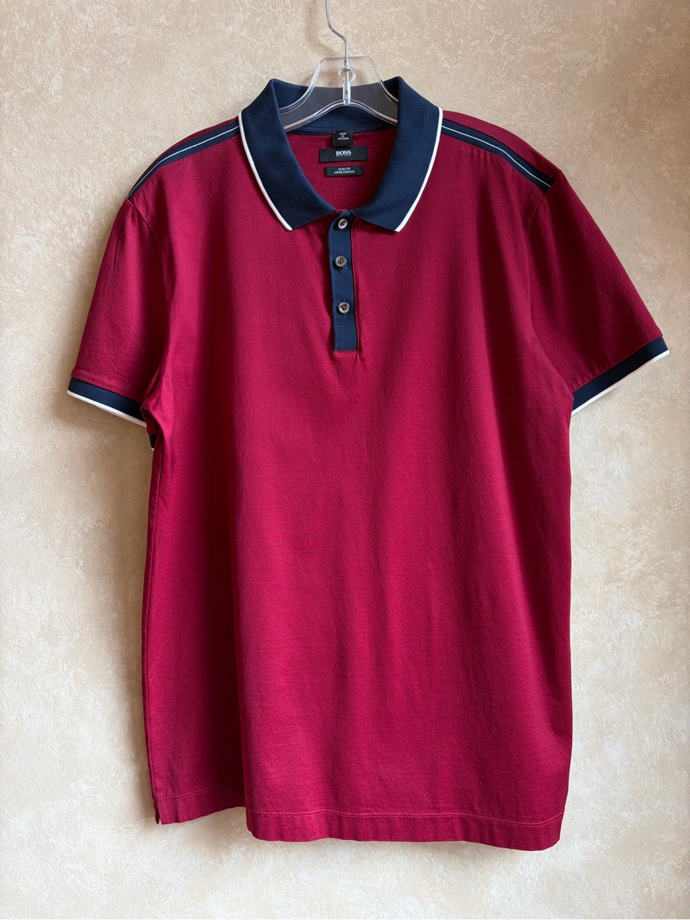 BOSS Men's Burgundy Polo with Navy Contrast Collar